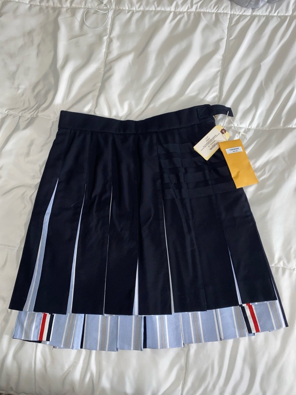 Thom Browne Navy Pleated Mini Skirt with Striped Hem